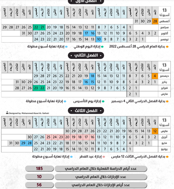 التقويم الدراسي 1444 ثلاث فصول